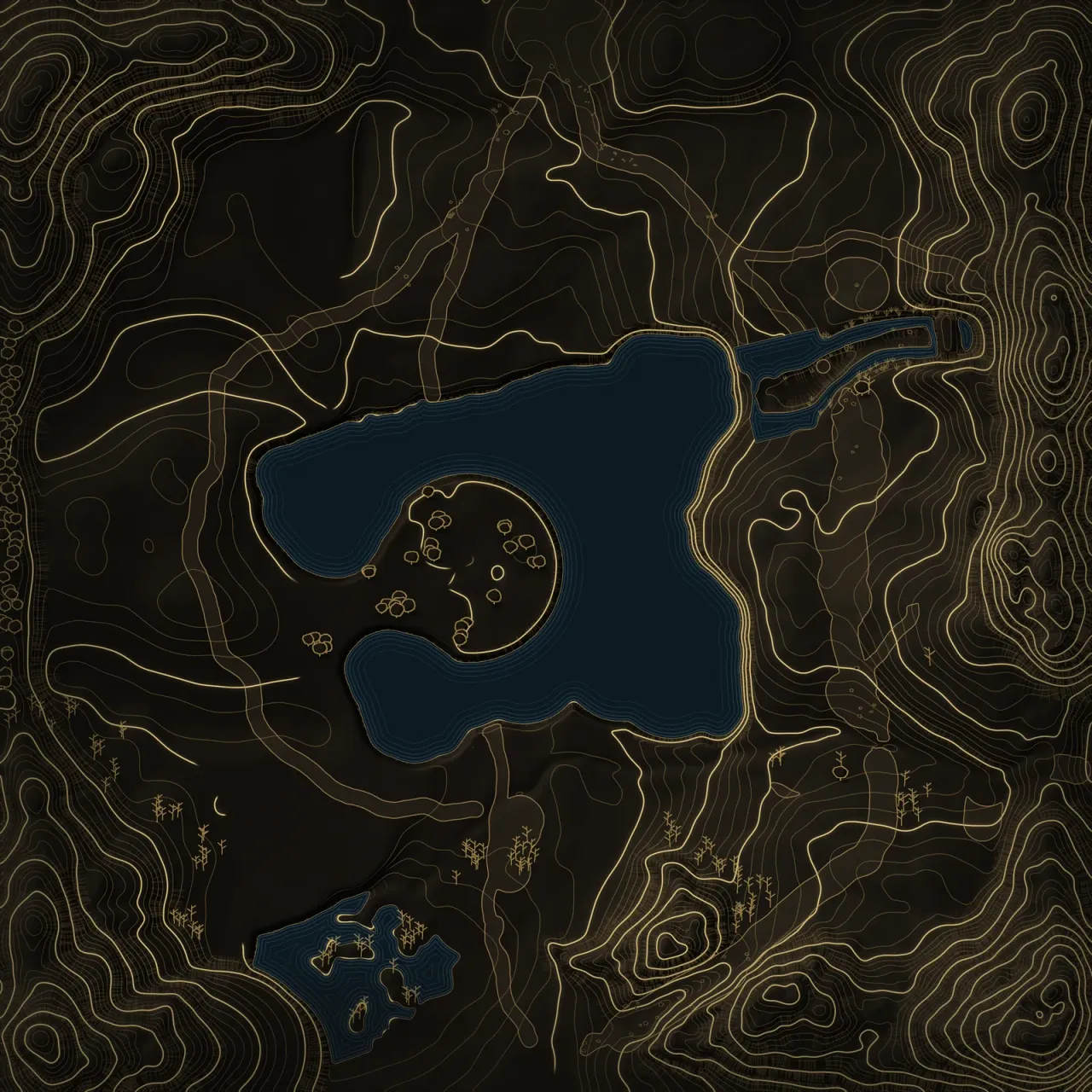 Night survey of Argonath: gold contour lines on dark ground, with water in blue.