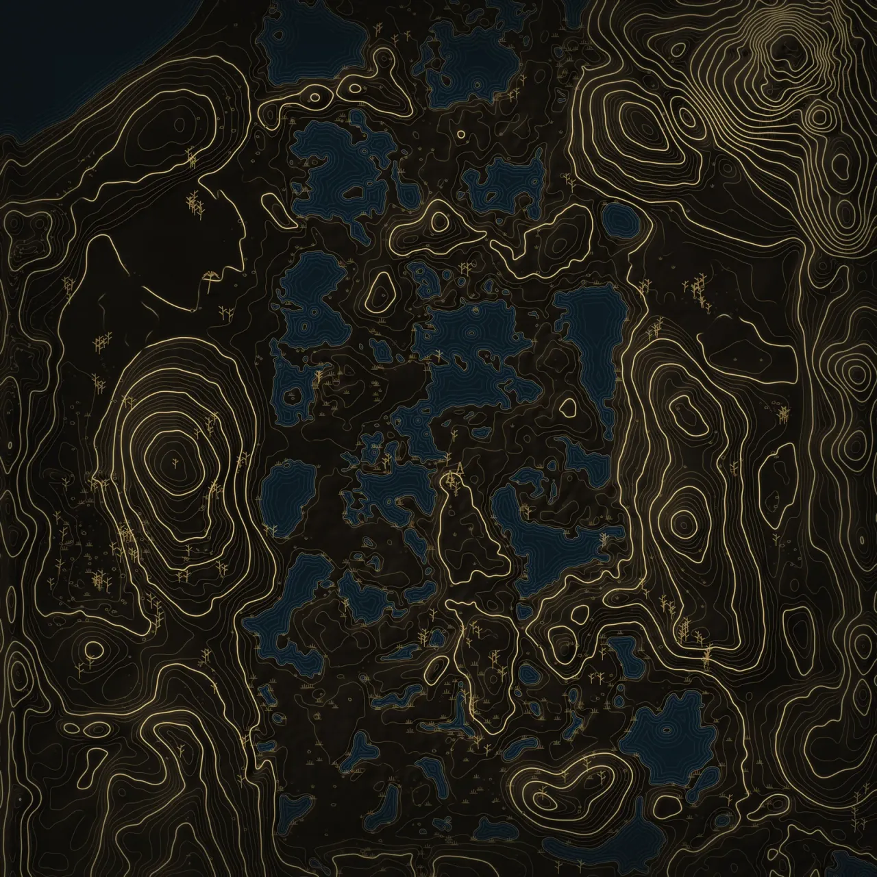 Night survey of Dead Marshes: gold contour lines on dark ground, with water in blue.