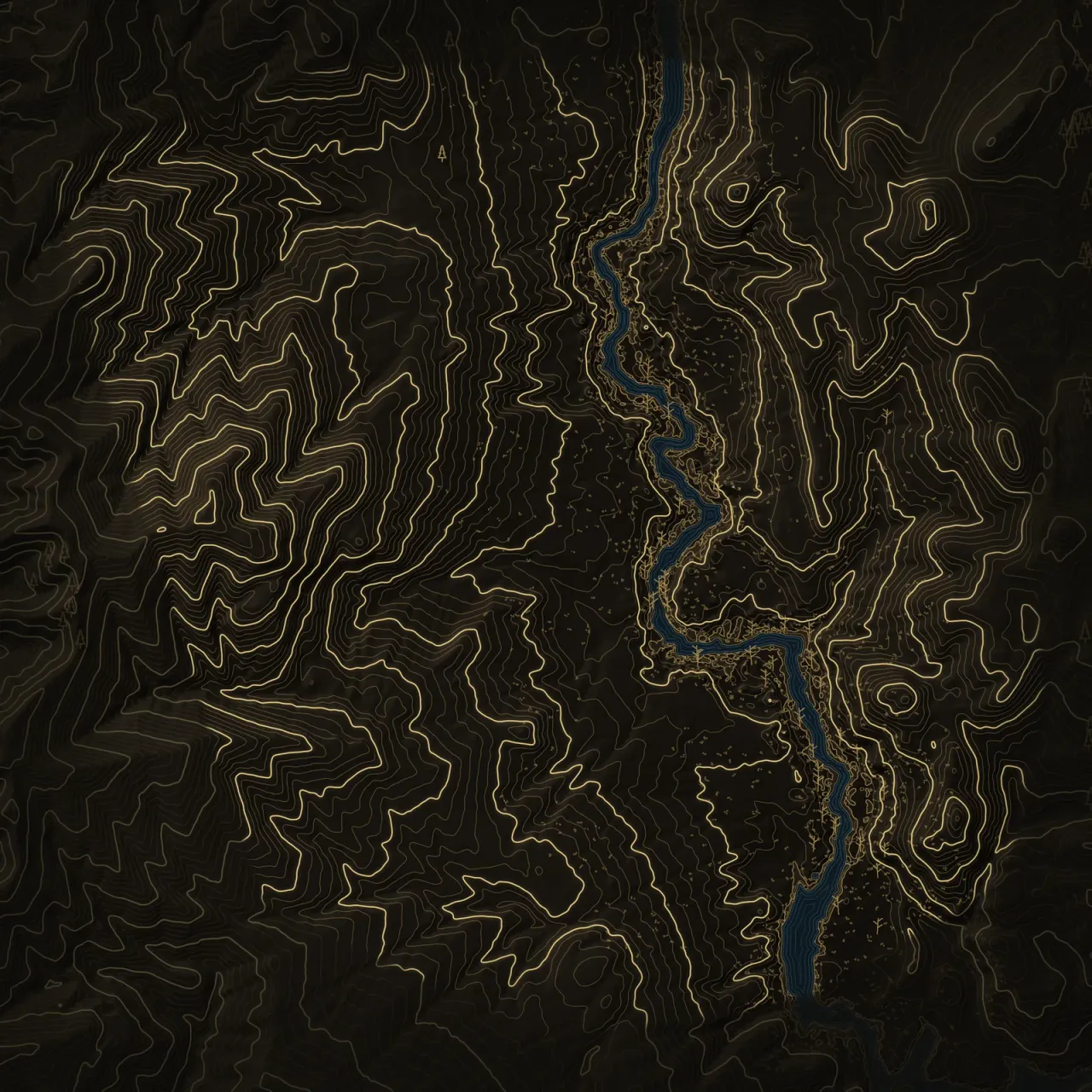 Night survey of ForestBattle: gold contour lines on dark ground, with water in blue.