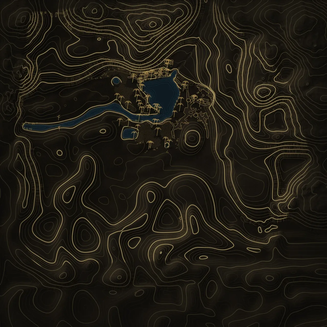 Night survey of OasisBattle: gold contour lines on dark ground, with water in blue.