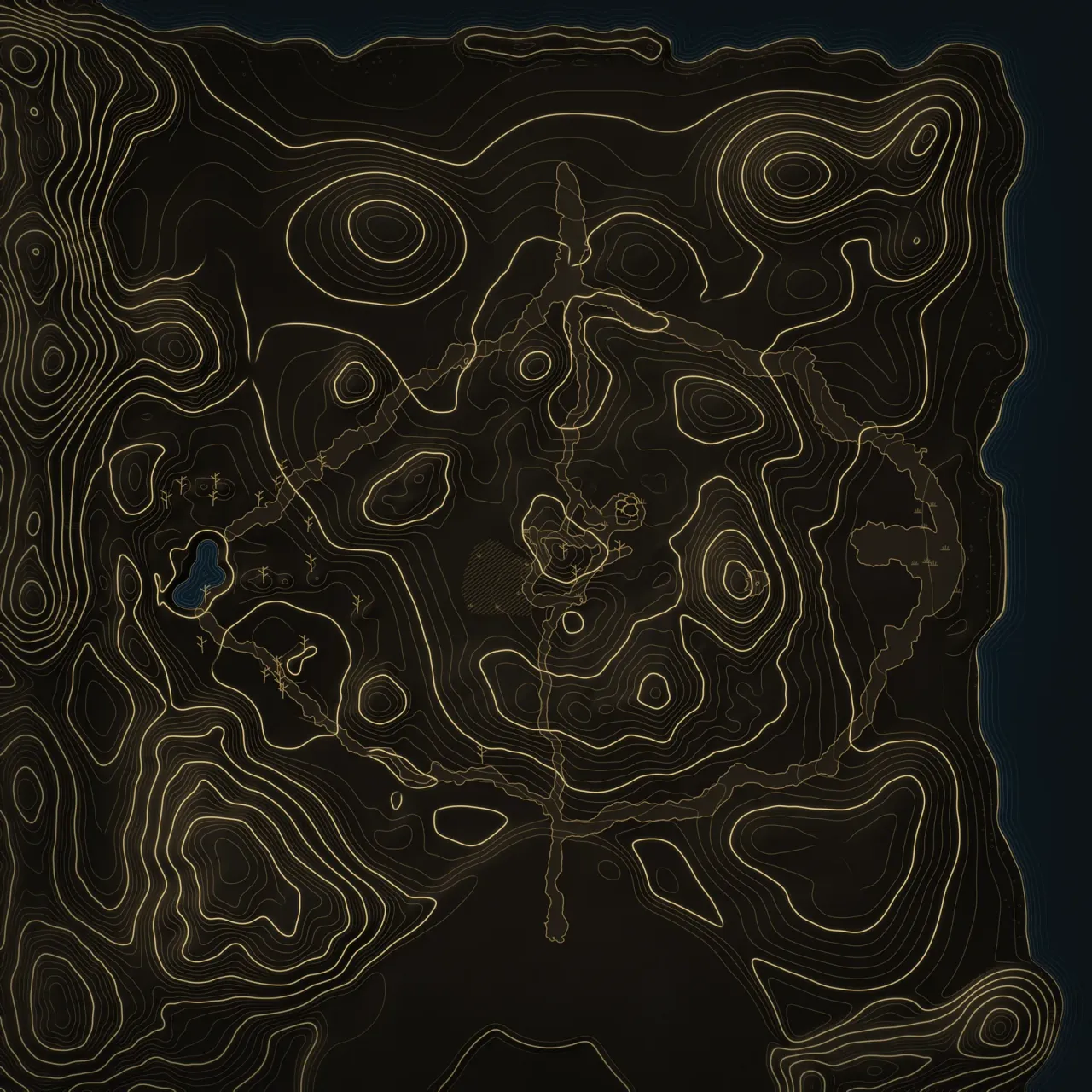 Night survey of Pelennor Fields: gold contour lines on dark ground, with water in blue.