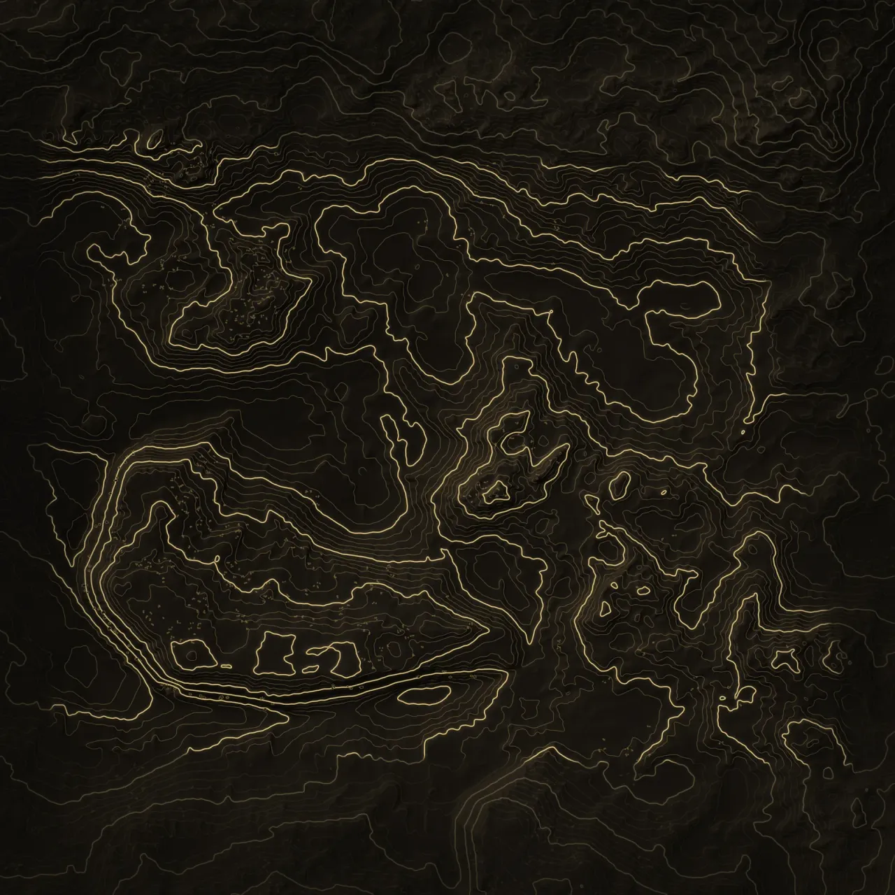 Night survey of PlainBattle: gold contour lines on dark ground, with water in blue.