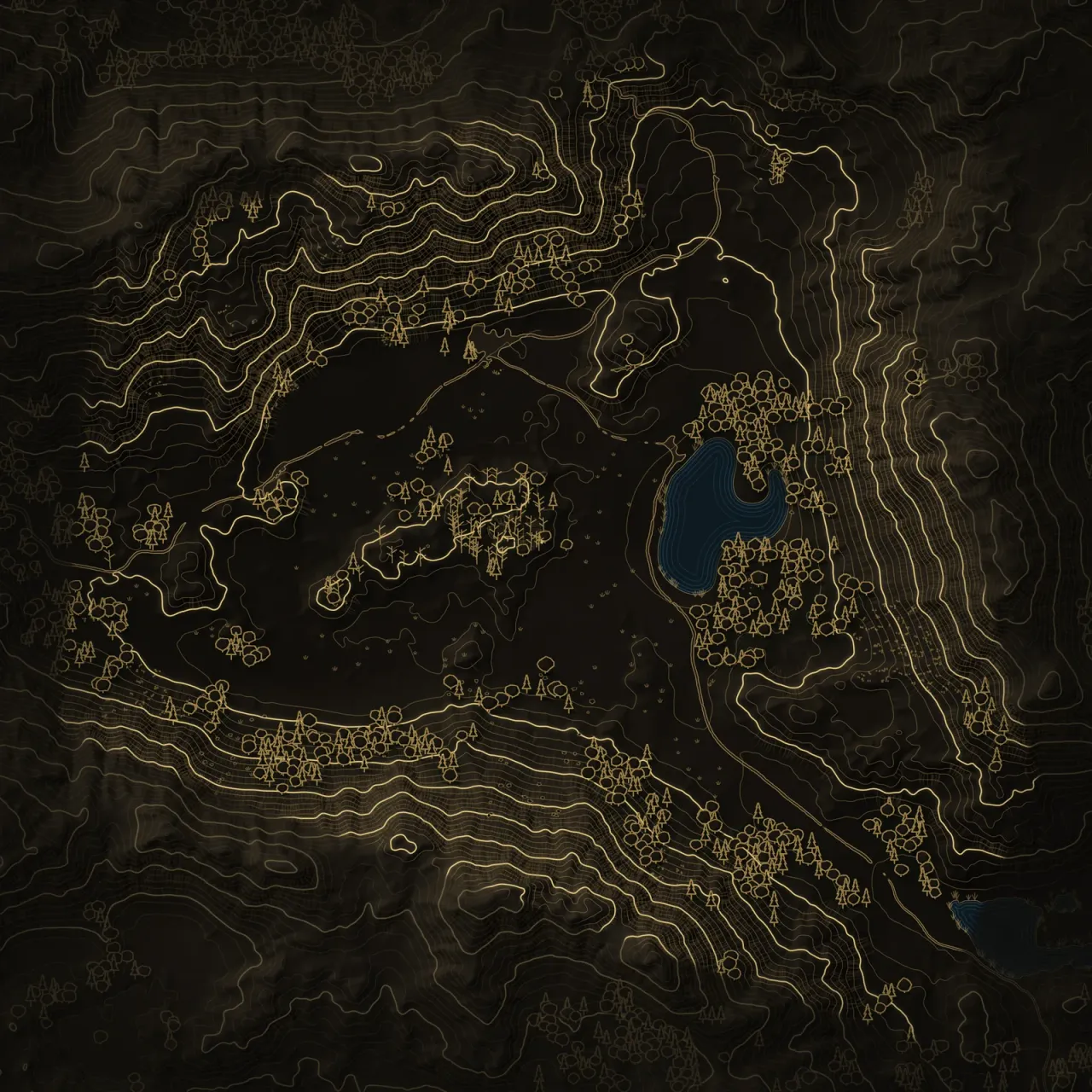 Night survey of ValleyBattle: gold contour lines on dark ground, with water in blue.